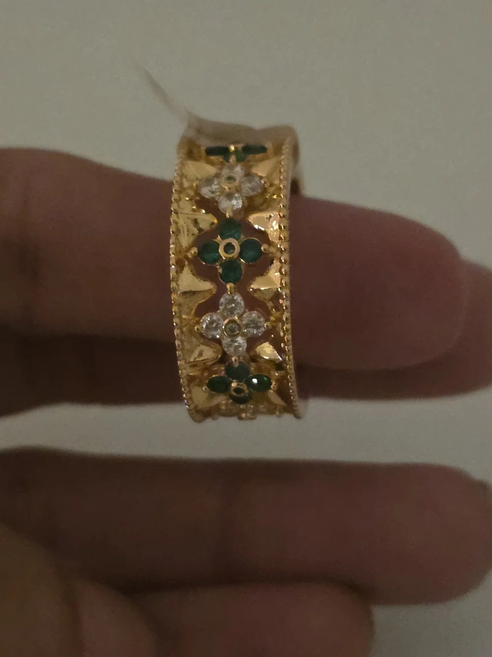 22kgp Dubai Jewelry Gold Tone Floral Green Enamel Ring and Bangle Set - Picture 6 of 15